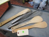 group of wood ladles (3) and stainless whisk (2)