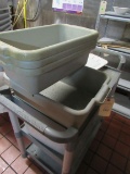 (1) perforated bottom bus pan and (3) 3/4 size rubbermaid bus pans