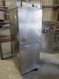 2 door bread warmer on casters set up for baking trays
