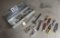 aluminum tool box with mixed tools including tubing bender, v belt cutter, belt lacing tool,