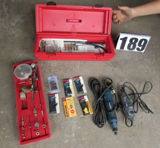 rotary dremel style grinders (1) Ryobi and (1) craftsman plus case and many accessory tools (tests g