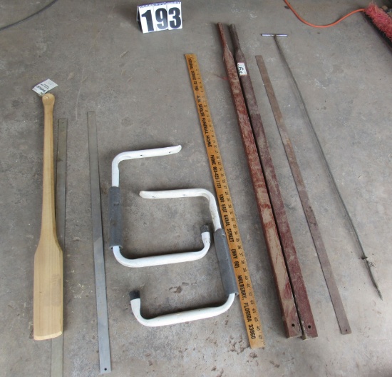 mixed lot pair wood wheel barrow handles , tool rack for wall, measruing sticks, wood cajun stir pad