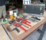tool box with pipe wrenches, drivers, sink wrenches, extensioons, brace, pull bar, wood biscuits