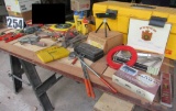 tool box with laser level, drill  bigts, wrenches, flex drivers, pipe wrenches, and other goodies