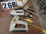 group of staplers and staples including Stanley Sharpshooter electric gun, Craftsman hand stapler ,
