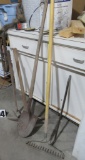 sledge hammer, pick axe, hard back rake, pointed shovel, crow bar,
