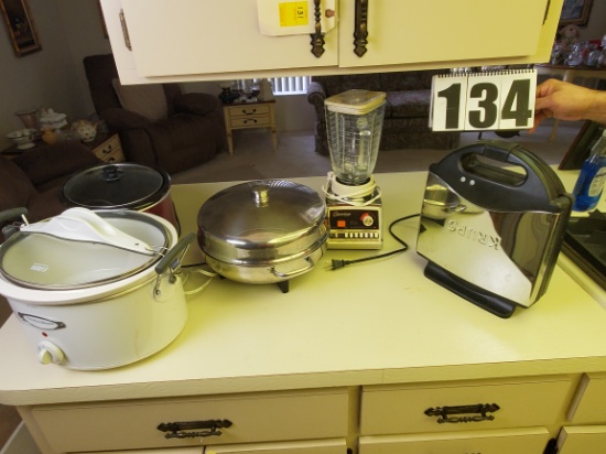 mixed small appliances, waffle iron, crock pots, electric fry pot