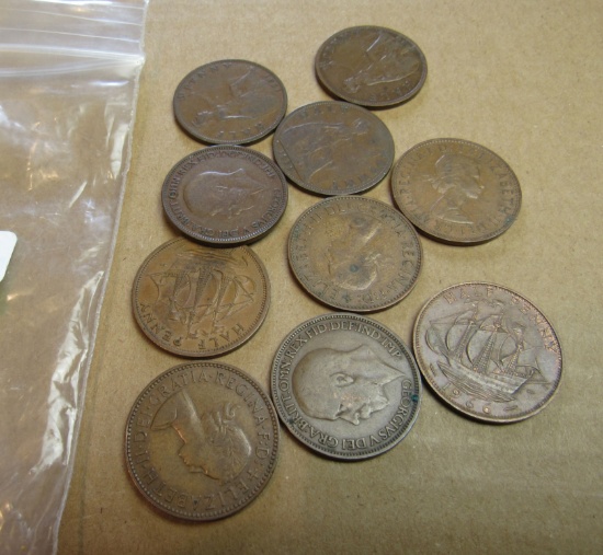 group of 10 British copper 1/2 pennies 1927 - 1964