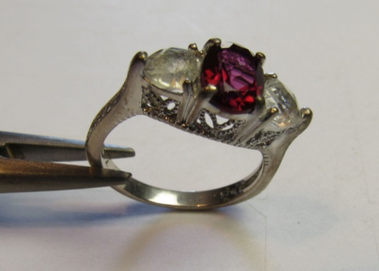 ruby and cz stones set in sterling ring size 7 3/4