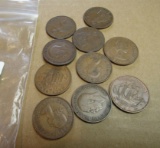 group of 10 British copper 1/2 pennies 1927 - 1964