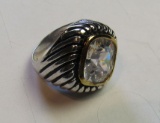 sterling silver dinner ring with large brilliant clear cut stone size 6 1/2