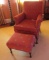 uphostered sitting room chair rose colore with matching ottoman foot stool