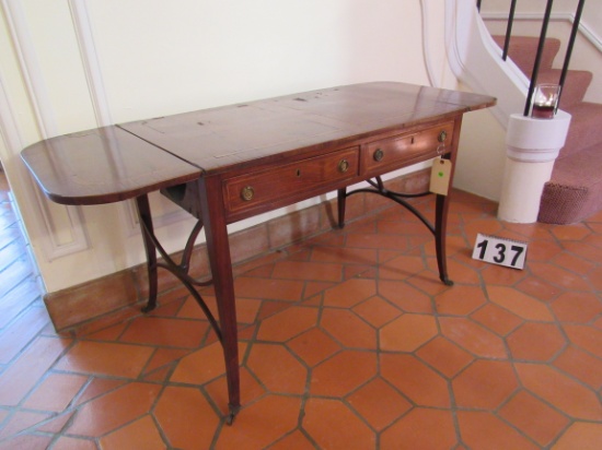drop leaf inlaid walnut finish table with 2 drawers 57" x 23" deep 27" h