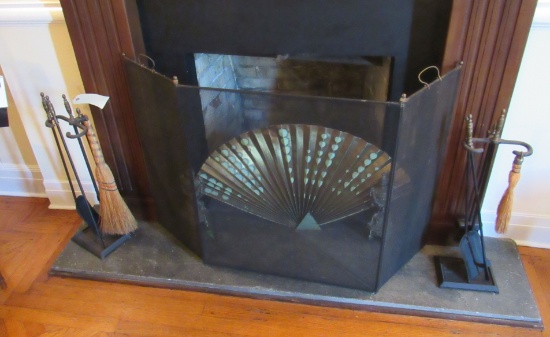 fire place set including andionrs, (2) poker sets, screen , Asian fan