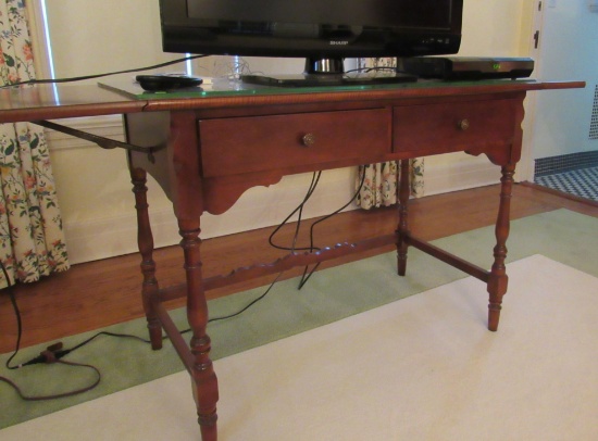 drop leaf table  with 2 drawers  59" 21" x 30 with glass top