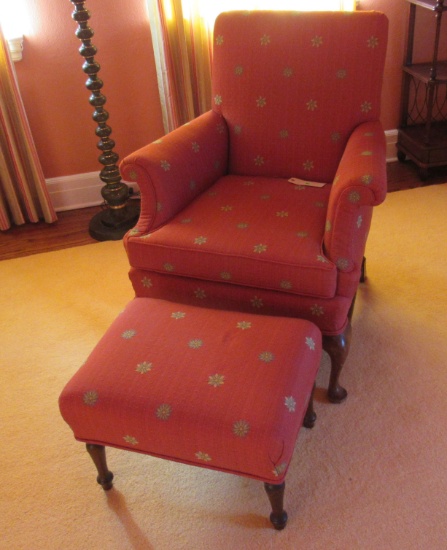 uphostered sitting room chair rose colore with matching ottoman foot stool