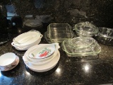 group of pyrex and other baking glassware