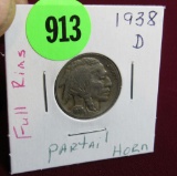 1938D buffalo nickel (last year) full rims partial horn