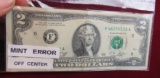 1976 Two dollar bill mint error off center  (uncirculated)