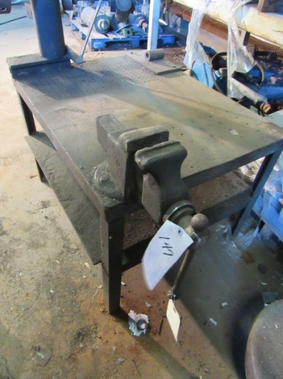 steel work table with vise 38" x 30" x 25" h plus 3 jaw chuck on stand attached to table