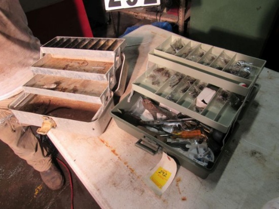 vintage aluminum tackle box and Plano tackle box with bream hook and small lead weights