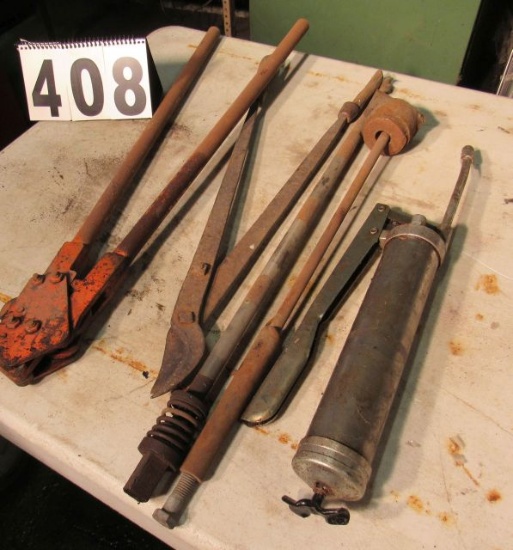 mixed lube gun, banding crimper, long drill bit, loppers