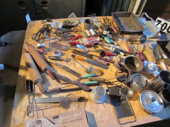 tote of  vintage mixed utensils and cookware items