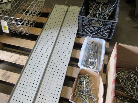group of 8 heavy duty 7" x 50" framed 1/4" peg boards in origional boxes plus heavy duty peg hooks,