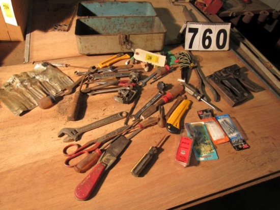 metal tool box with mixed tools including hex set, screw drivers, tubing cutter and more