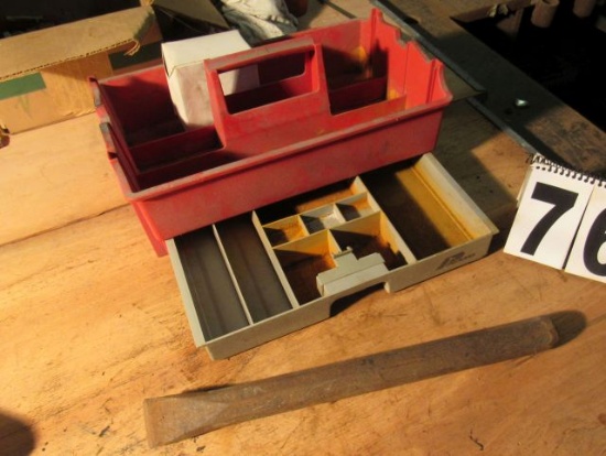 plastic tool tote with bottom drawer for small parts, heavy duty chisel 1 1/4" dia x 16" long