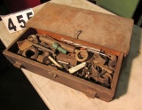 Vintage wood machinists box with mixed tools