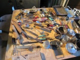 tote of  vintage mixed utensils and cookware items