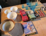 collectible toys including matchbox and other trucks and cars plus McCoy pottery mixing bowl and blu