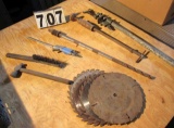 mixed tools - air blower, dent slide puller hammer, saw blades, and ponyh clamp