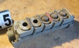 crane control box with three push button switches plus blanks holes for two more