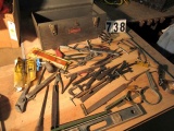 Craftsman tool box with liars, level, . Small c clamps, oil filter tools, speed driver, putty knives