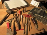 pan mixed tools, end wrench set, rubber mallet, tin snips, T handle drivers, hex head drivers