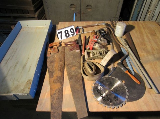 steel tray with mixed tools, saw blades, saws air separator and more