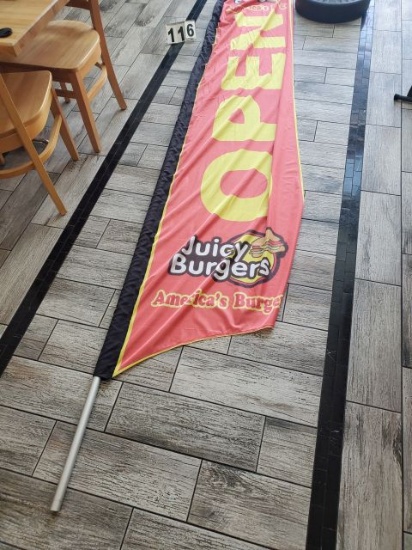 Juicy Burger feather sign w/ weighted base (pole has issues)
