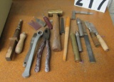 mixed hand tools for working jewelry including brass hammer, punches, also has dowels and chisels