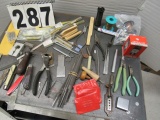 mini drill bit assortments, pocket knives, files, sizing gages, snips, needle nose pliers, copper wi