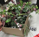 box of silk florals and Christmas decorations