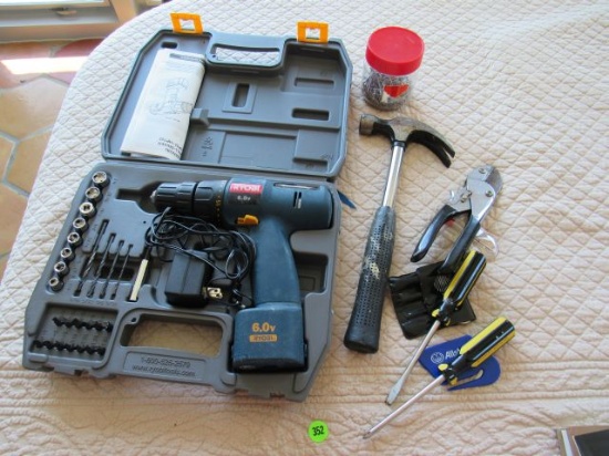 mixed tools including Ryobi battery powered drill