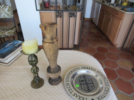 pewter Texas Tech plate, 3 candlesticks (matched pair wood)