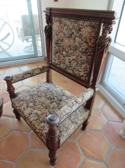 floral pattern European wood-framed ornate chairs, walnut finished, 29W X 21D X 44H