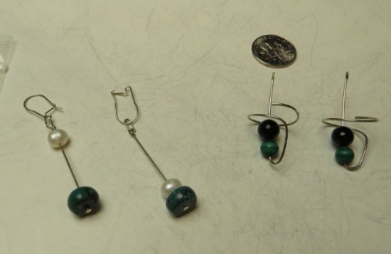 Dangle turquoise & pearl earrings & sterling twist earrings w/onyx & malachite
