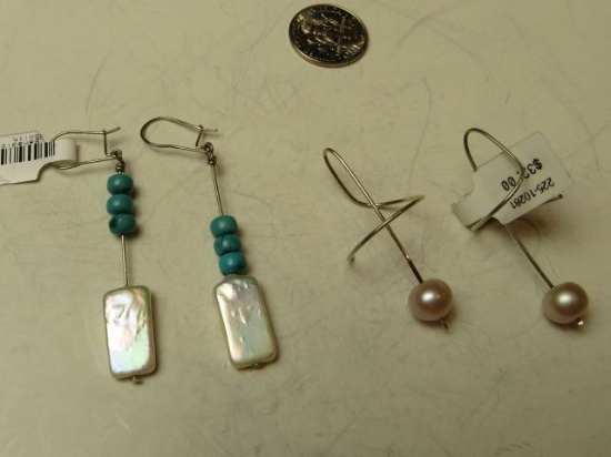 earrings - 1- pearl & turquoise & 1- pearl on twist