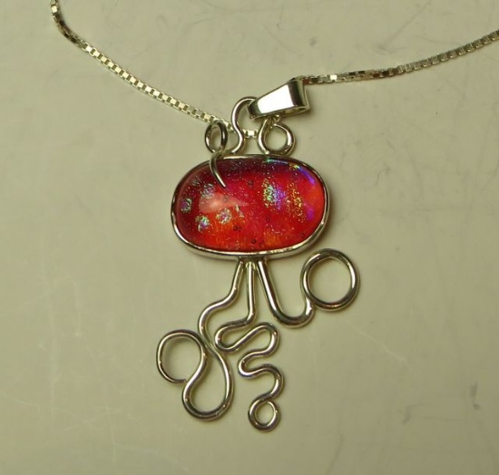 Red dichroic glass pendant w/sterling curls on 22" sterling chain