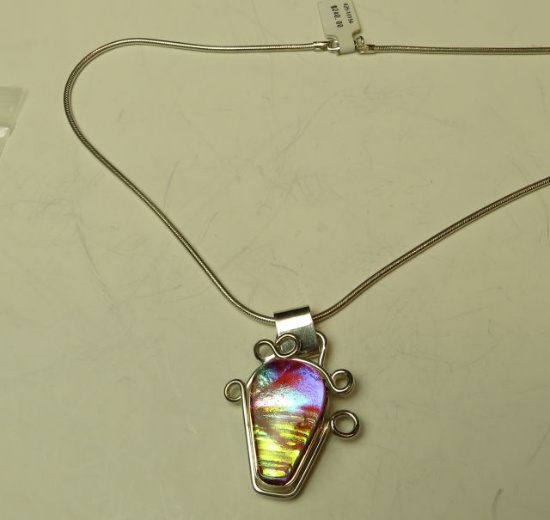 Metallic dichroic glass in sterling on 18" sterling chain