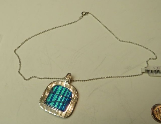 Blue dichroic glass framed in sterling on 16" sterling chain